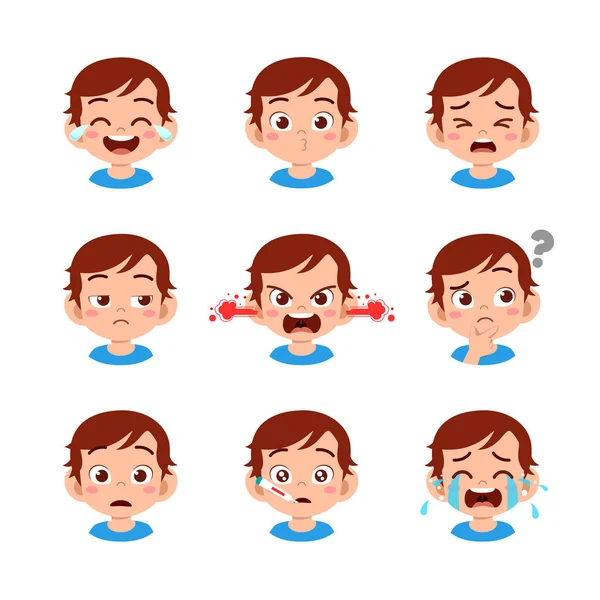 Lindo niño cara expresión emoji emoticono conjunto — Vector de stock