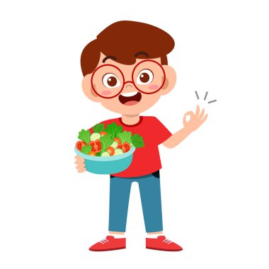 sevimli mutlu çocuk salata sebze meyve yemek