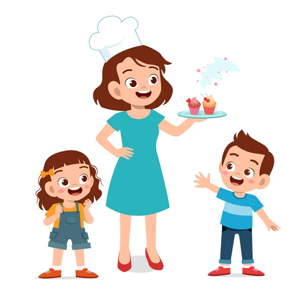 Feliz lindo chef mamá cocinar cupcake para niños — Vector de stock