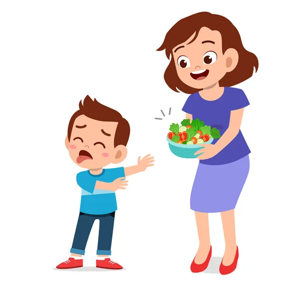 Niños lindos no quieren comer ensalada — Vector de stock