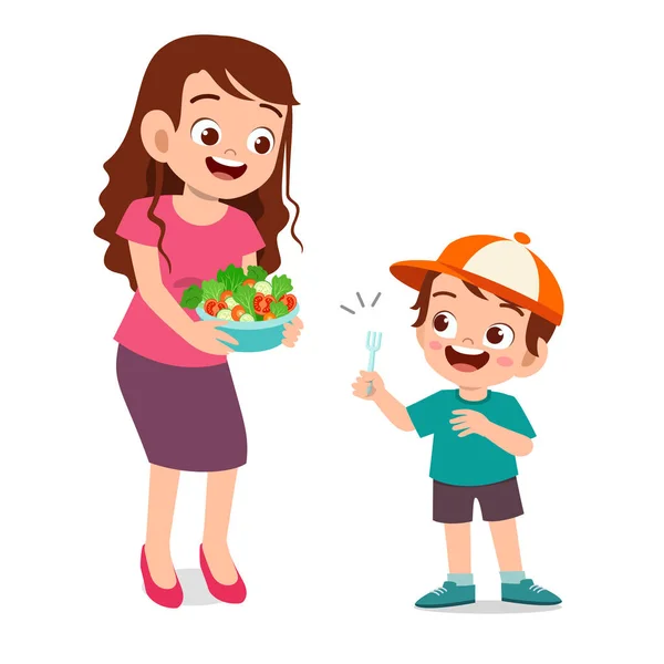 Criança feliz bonito comer frutas vegetais salada —  Vetores de Stock