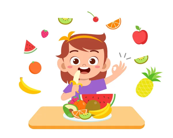귀여운 행복한 아이는 샐러드 야채 과일을 먹는다 — 스톡 벡터