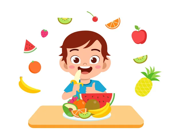 Lindo niño feliz comer ensalada verduras frutas — Vector de stock