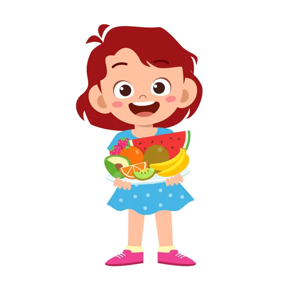 かわいい幸せな子供は健康的な新鮮な果物を食べる — ストックベクタ