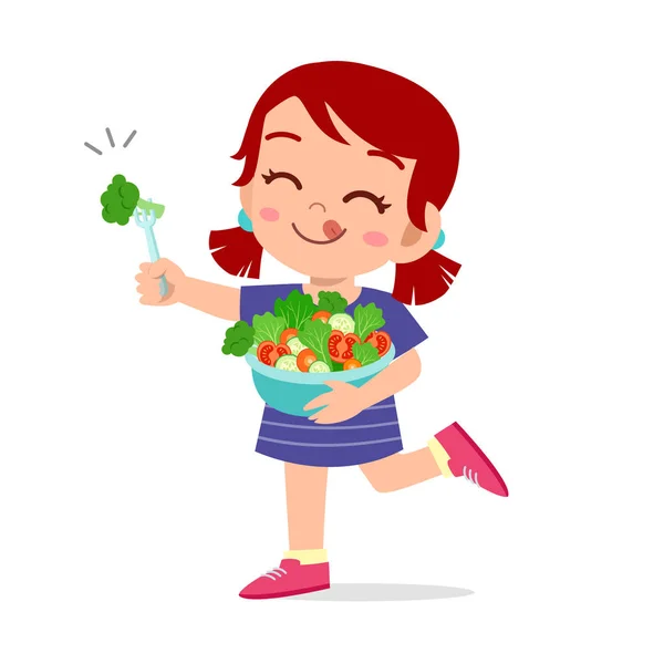Χαριτωμένο ευτυχισμένο παιδί τρώνε σαλάτα λαχανικών φρούτα — Διανυσματικό Αρχείο