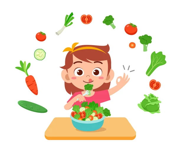 Lindo niño feliz comer ensalada verduras frutas — Vector de stock