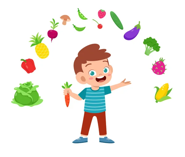 Lindo niño feliz comer ensalada verduras frutas — Vector de stock