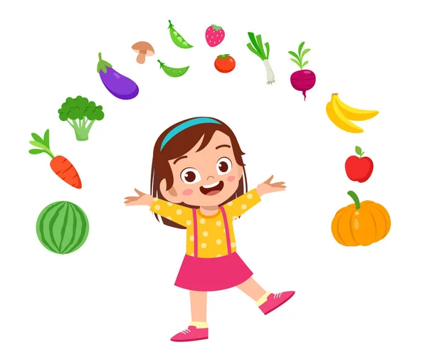 Söt lycklig unge äta sallad vegetabiliska frukter — Stock vektor