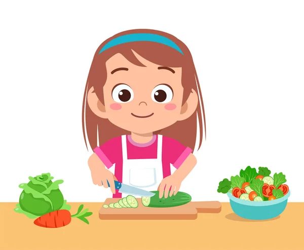 Schattig gelukkig Kid eten Salade groente fruit — Stockvector