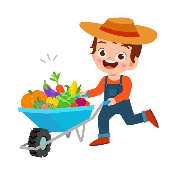 Süßes glückliches Kind erntet Obst und Gemüse — Stockvektor