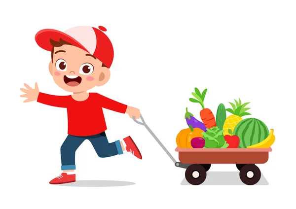 Cute Happy Kid oogst groente en fruit — Stockvector