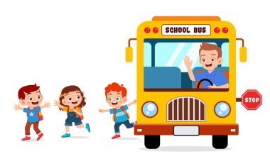 Mutlu şirin çocuklar okuldan otobüse biniyor.
