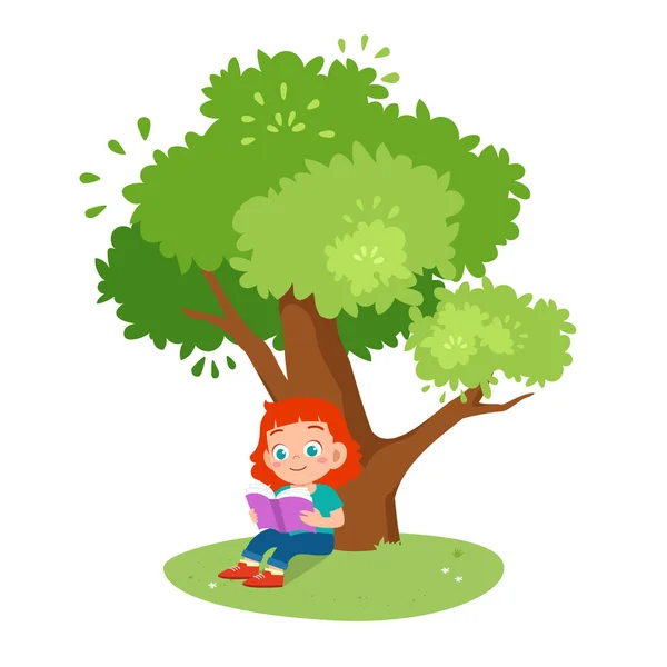 Bonito menina feliz criança ler sob a árvore —  Vetores de Stock