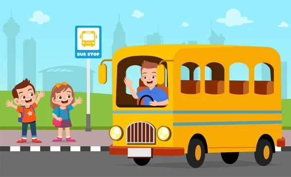 행복 한 귀여운 아이들은 친구들 과 학교 버스를 기다린다 — 스톡 벡터