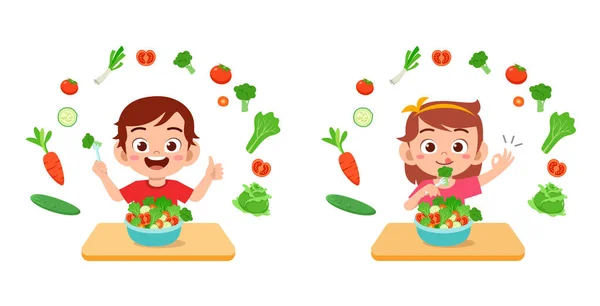 Schattig gelukkig kinderen eten salade groente fruit — Stockvector