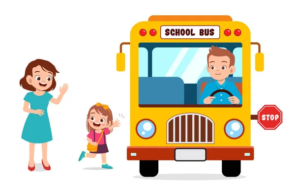 Κορίτσι παιδί με μητέρα περιμένει σχολικό λεωφορείο — Διανυσματικό Αρχείο