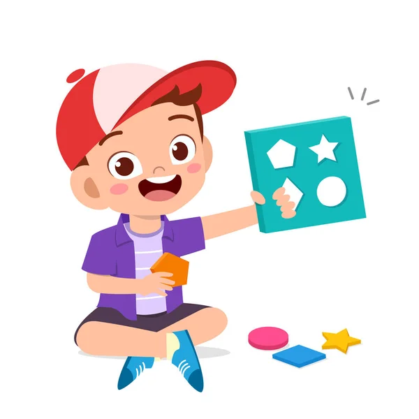 Feliz lindo niños jugar aprender 3d geometría — Vector de stock