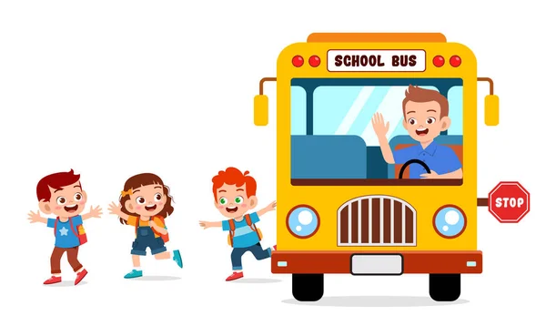 Ευτυχισμένα χαριτωμένα παιδιά βόλτα με το λεωφορείο από το σχολείο — Διανυσματικό Αρχείο