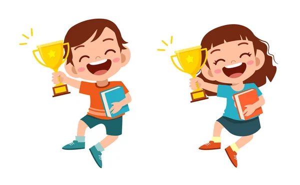 Happy cute kids win game gold trophy — Stock Vector