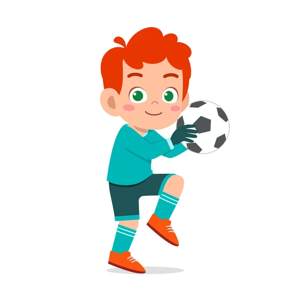 Niño feliz jugar al fútbol como portero — Vector de stock