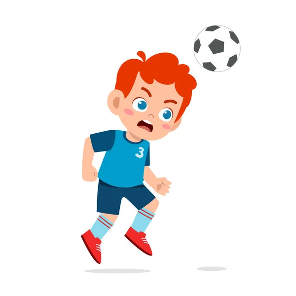Χαριτωμένο αγόρι παίζουν ποδόσφαιρο ως επιθετικός — Διανυσματικό Αρχείο