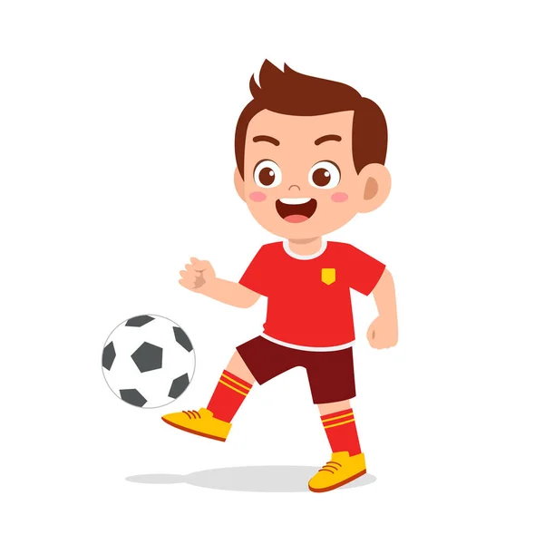 Lindo niño jugar fútbol como delantero — Vector de stock