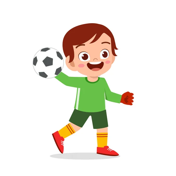 Szczęśliwy chłopiec grać w piłkę nożną jako bramkarz — Wektor stockowy