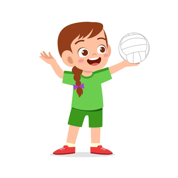 Happy cute kid girl play train volleyball — Stock Vector