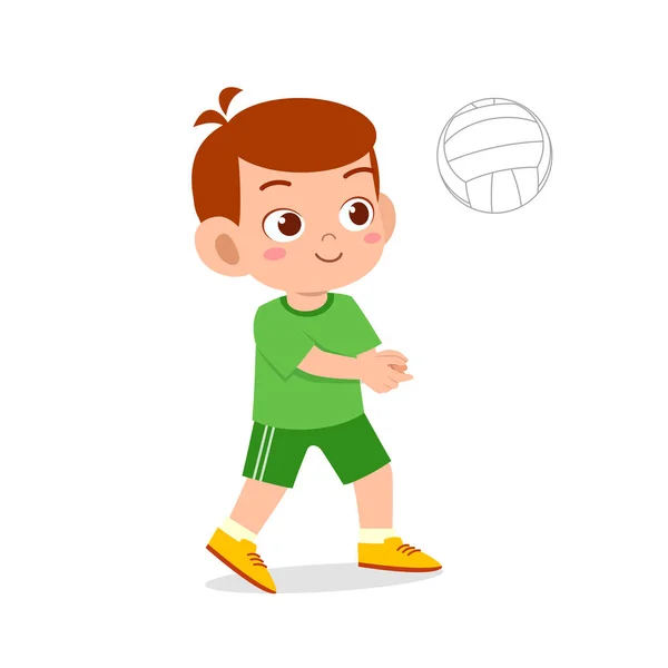 Happy cute kid boy play train volleyball — Stock Vector