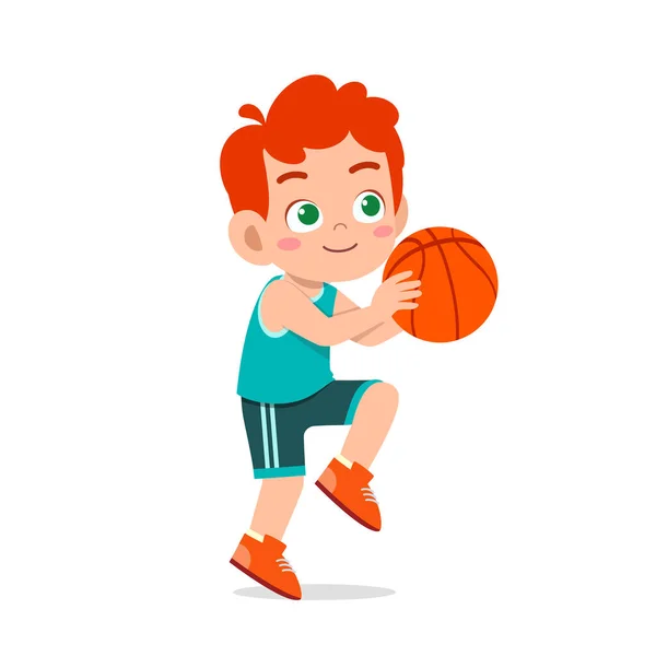 Happy cute kid boy play train basketball — Stock Vector