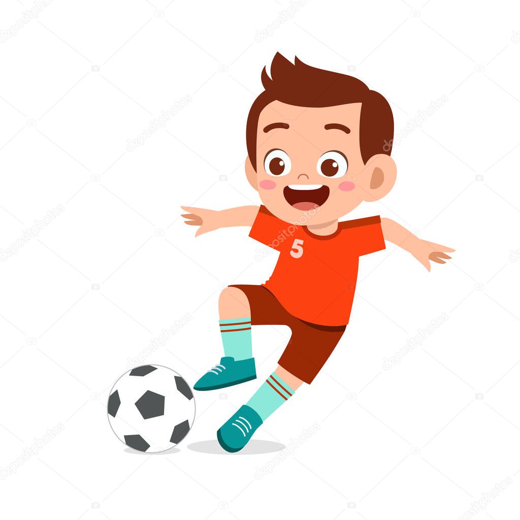 cute kid boy play soccer as striker
