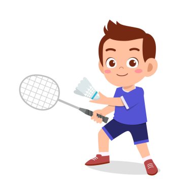 Mutlu şirin çocuk, badminton oynuyor.