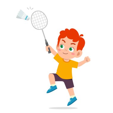 Mutlu şirin çocuk, badminton oynuyor.