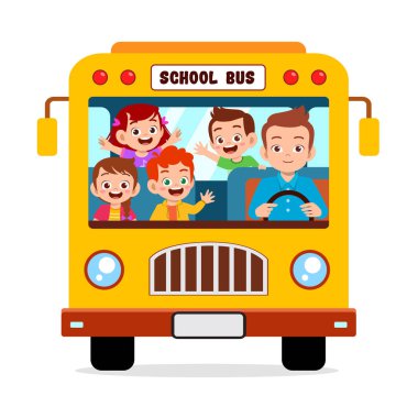 Mutlu çocuklar okul otobüsüne birlikte biniyorlar.