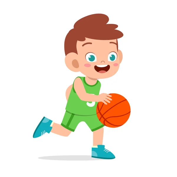 Felice bambino carino ragazzo giocare a basket treno — Vettoriale Stock