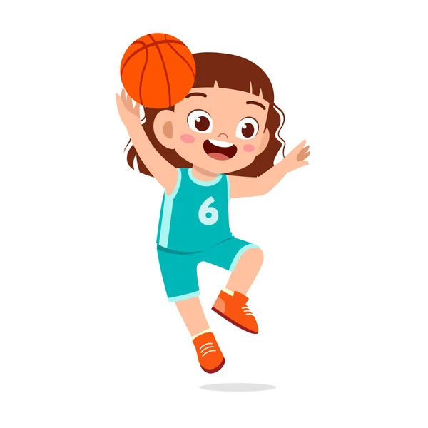 幸せなかわいい子供の女の子は電車のバスケットボールをプレイ — ストックベクタ