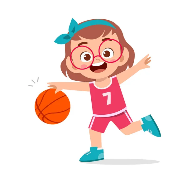 Happy cute kid girl play train basketball — Stock Vector