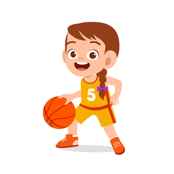 Happy cute kid girl play train basketball — Stock Vector