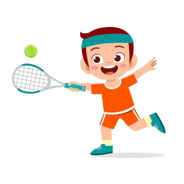 Niño lindo feliz jugar tenis tren — Vector de stock