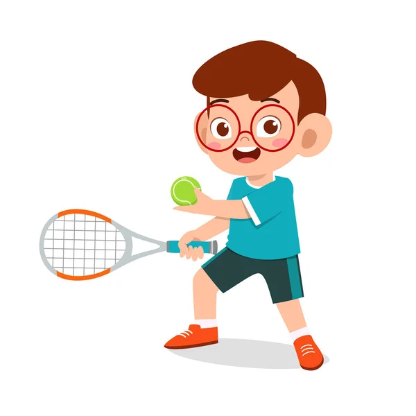 Niño lindo feliz jugar tenis tren — Vector de stock