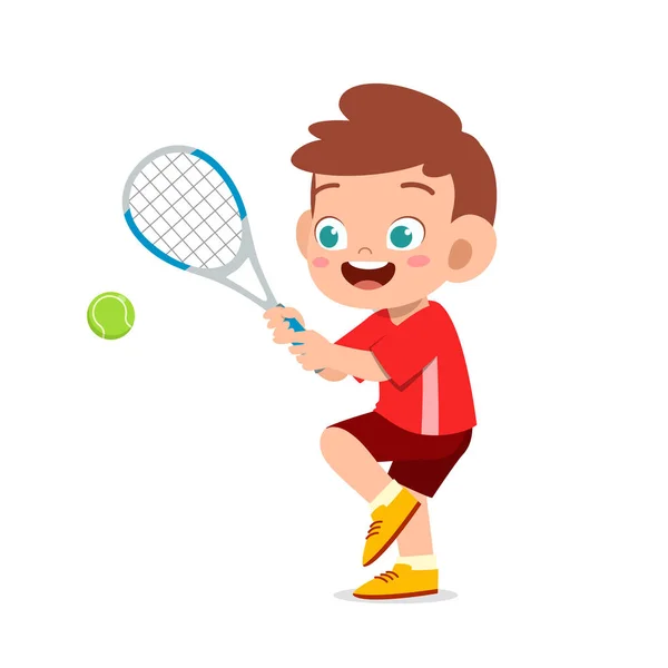 Niño lindo feliz jugar tenis tren — Vector de stock