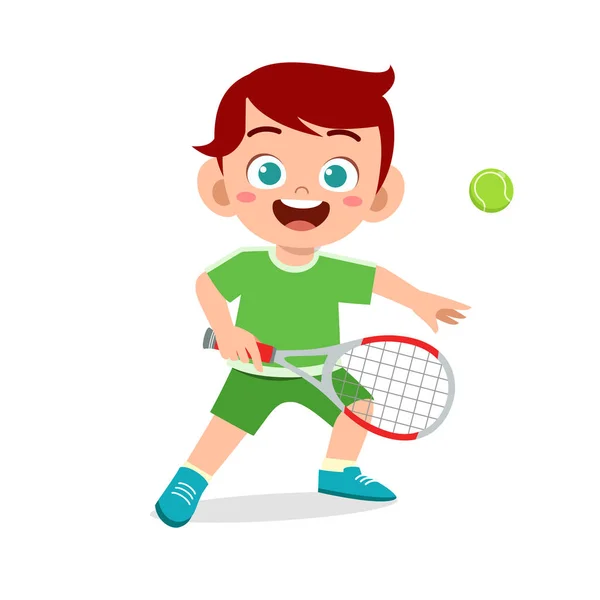 Niño lindo feliz jugar tenis tren — Vector de stock