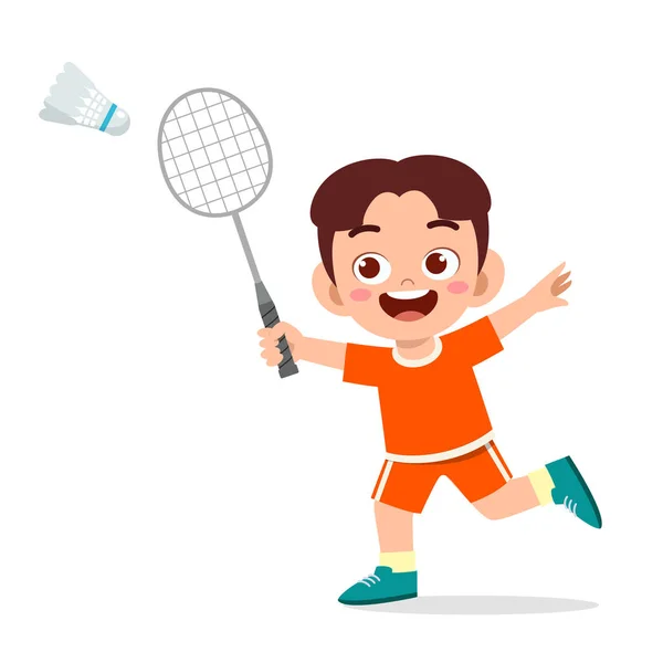 Menino bonito feliz jogar trem badminton —  Vetores de Stock
