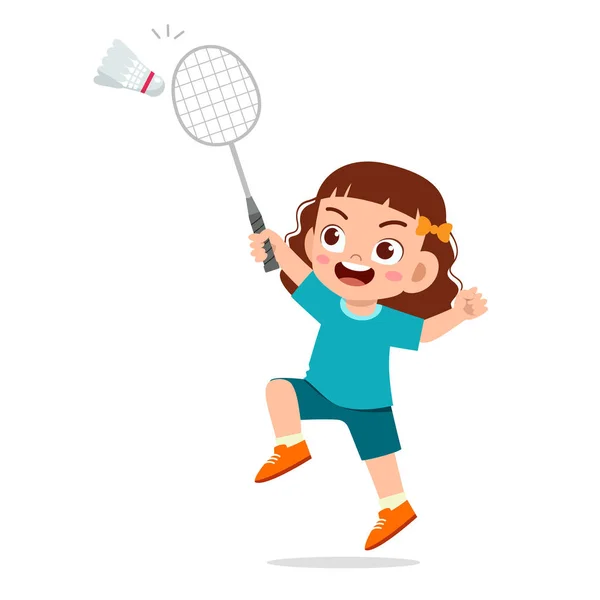 Glad söt liten flicka spela tåg badminton — Stock vektor