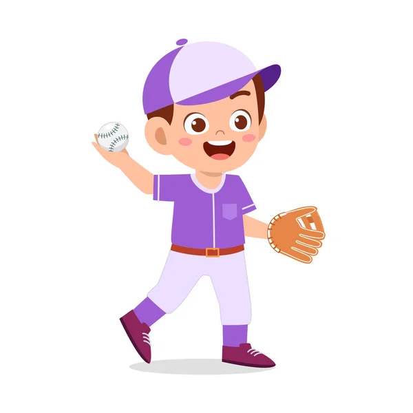 Niño lindo feliz jugar béisbol tren — Vector de stock