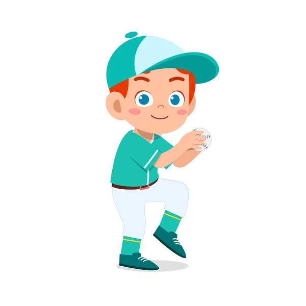 Niño lindo feliz jugar béisbol tren — Vector de stock