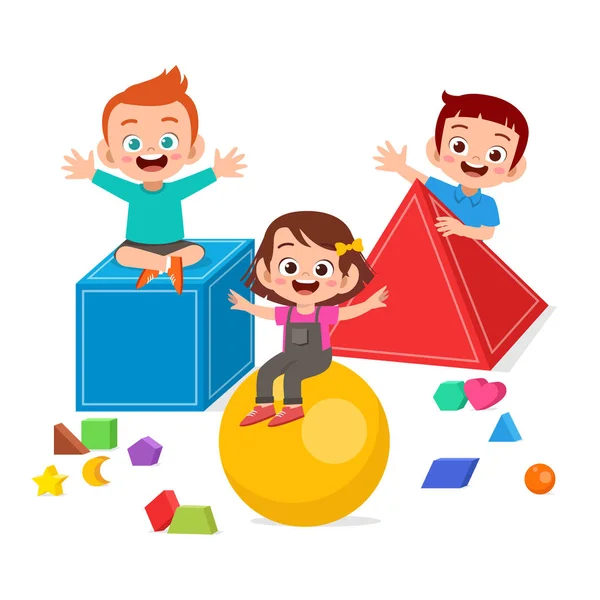 Mutlu şirin çocuklar 3 boyutlu geometri öğreniyor. — Stok Vektör