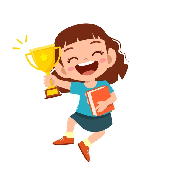 Щаслива мила дівчинка виграла гру золотий трофей — стоковий вектор