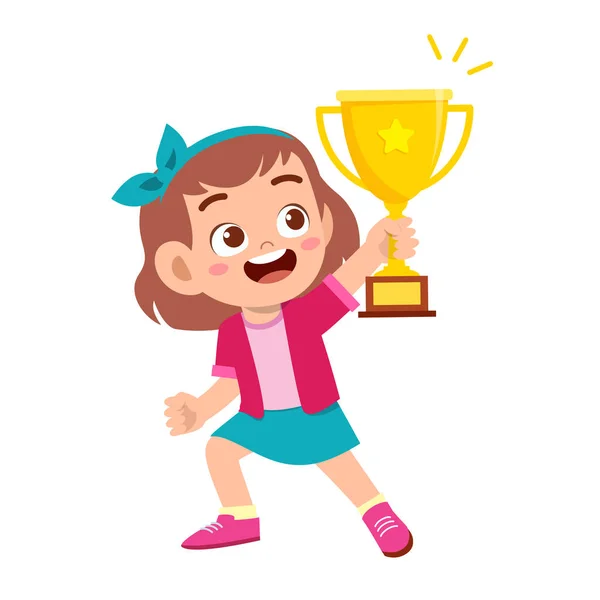 Glückliches süßes Kind Mädchen gewinnen Spiel Goldtrophäe — Stockvektor