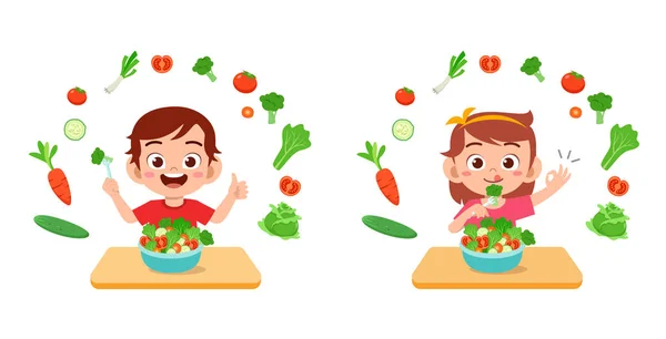 Lindo feliz niños comer ensalada verduras frutas — Archivo Imágenes Vectoriales